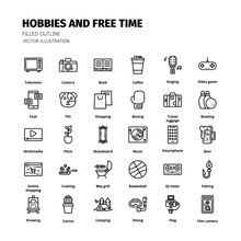 Hobbies And Free Time Icons. Hobbies And Free Time Outline Icon Set. Icon For Website, Application, Print, Poster Design, Etc.