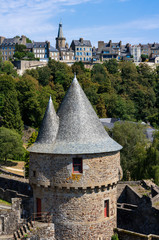 Fougères, picture of the old town skyline and the castle. Fougères is a medieval town in Bretagne / Brittany France.