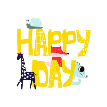 Funny kids print with slogan and animals. Vector hand drawn illustration.