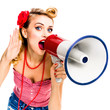 Happy excited, woman with megaphone, holding hand near her ear and shout something. Girl in pin up style, with open mouth in retro vintage studio concept, isolated over white background. Square photo.