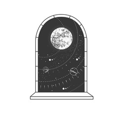 Wall Mural - magic witchcraft open window silhouette with full moon on outer space background. vector illustratio