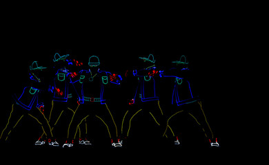 Silhouettes of people in glowing suits on a black background. Neon suit. Entertainment. Dancing.