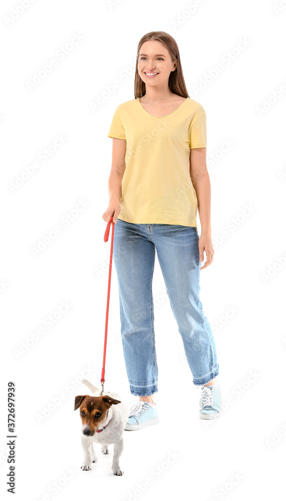 Young woman with cute dog on white background