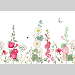 Beautiful vector horizontal seamless floral pattern with watercolor summer mallow flowers. Stock illustration.