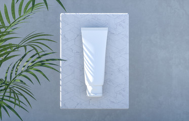 Aufkleber - Natural cosmetic blank tube container with tropical palm leaves background. 3d render.