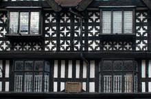 Detail Of A Half Timbered Historic Building In The Beautiful English City Of Shrewsbury. Traditional Building Techniques From The Historic Tudor Period Give A Building Give With Character, And Charm.