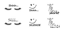 Stop, Please Be Quiet Icon (psssst ). Forbid, Silence No Speaking Or No Talking  ( Shhh ). Funny Vector Flat Icons Silhouette Silent Finger Over Lips Or Mouth Sign. Sound Off. Secret Asking To Silence