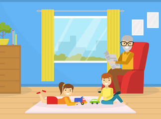 Poster - Grandfather Spending Time with Grandchildren at Home, Cute Boy and Girl Playing Toys, Grandparent Sitting on Armchair and Reading Newspaper Cartoon Vector Illustration