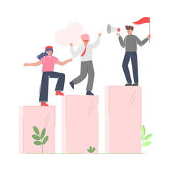 Wall Mural - Businessman Teamleader Motivating his Collegues to Climb up to the Goal on Column of Columns, Moving up Motivation Business Concept Cartoon Vector Illustration