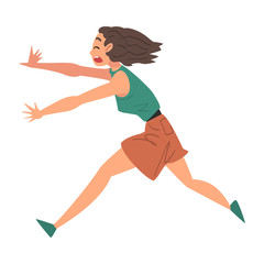 Sticker - Young Woman Running Afraid of Something, Terrified, Scared, Shocked Girl with Fear Expression on Her Face Cartoon Style Vector Illustration