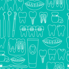 Wall Mural - Seamless pattern dental treatment of healthy and sick teeth jaw dental tools graphic white color vector illustration.