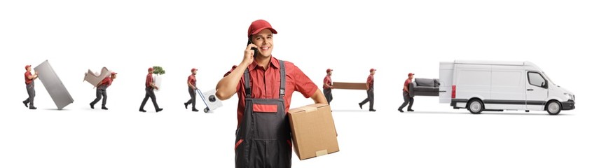 Sticker - Mover talking on a mobile phone and other workers putting household items in a white van