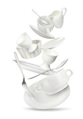 Poster - Set of clean tableware in flight on white background