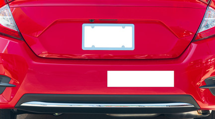 Wall Mural - Rear of Red Car With Blank White License Plate and Bumper Sticker