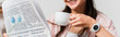 © LIGHTFIELD STUDIOS - panoramic crop of brunette woman holding cup and newspaper