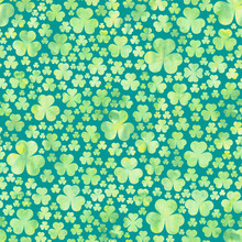 Watercolor Green Clover Leaves On Blue Background. Seamless Pattern.  Spring And Summer Background. Watercolor Stock Illustration. Design For Backgrounds, Wallpapers, Covers, Textile, Packaging.
