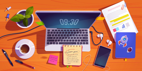 Top view of workspace with laptop, stationery, coffee cup and plant on wooden table. Vector cartoon flat lay of workplace with computer, mobile phone, note book and pens on desk