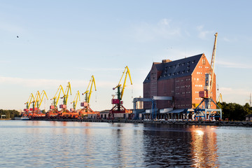 Cranes in the seaport of the city of Kaliningrad, Russia. Baltic sea.