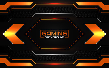 Fototapete - Abstract futuristic black and orange gaming background with glossy metal esport shapes. Vector design template technology concept can use element game banner, sport poster, wallpaper, web streaming