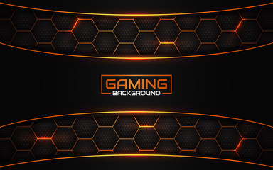 Fototapete - Abstract futuristic black and orange gaming background with glossy metal esport shapes. Vector design template technology concept can use element game banner, sport poster, wallpaper, web streaming