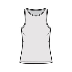 Cotton-jersey tank technical fashion illustration with relaxed fit, elongated hem, crew neckline. Flat outwear basic apparel template front, grey color. Women, men, unisex shirt top CAD mockup