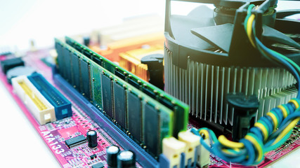 computer RAM, system, main memory, random access memory, installed on socket of motherboard.