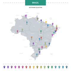 Wall Mural - brazil map with location pointer marks. infographic vector template, isolated on white background.