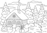 Fototapeta Dinusie - Coloring page with a house in the winter forest with a Christmas tree