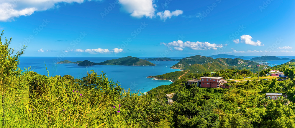 A view from Ridge Road towards the islands of Guana, Great Camanoe and Scrub from the main island of Tortola - obrazy, fototapety, plakaty 