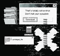 Poster - Conceptual illustration of a virus programm, malware, hacker attack. Infected computer screen with warning messages and buggy and glitchy pixels.