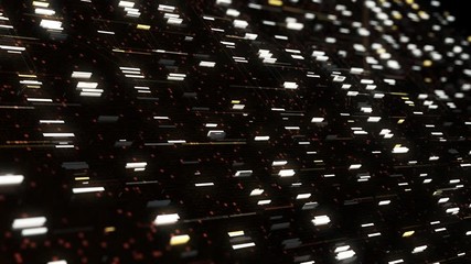Poster - Digital data moving on black background, seamless loop. Animation. Abstract virtual space with 3D flowing blocks of information of yellow, and white colors.