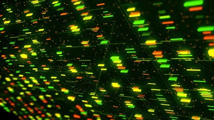 Poster - Digital data moving on black background, seamless loop. Animation. Abstract virtual space with 3D flowing blocks of information of green, yellow, and red colors.