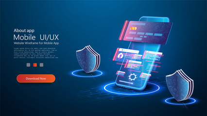 Poster - Online banking app landing page. Smart wallet concept with credit, debit card payment application. Gadget of the future, smartphone tech payment. Flat Isometric vector illustration. E-payment screen