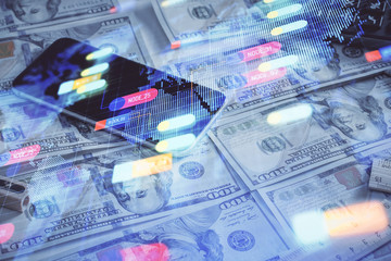 Aufkleber - Double exposure of data theme drawing over us dollars bill background. Technology concept.