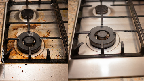 Dirty gas stove stained while cooking, a stove in grease. Unsanitary conditions, a mess in the house. Collage before and after cleaning from dirt.