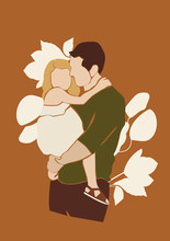 Vector Illustration Of Father With A Daughter Kid On The Floral Isolated Background. Lovely Family Wall Art Print.