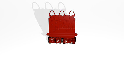 Poster - cake 3D icon object on text of cubic letters, 3D illustration for background and bakery