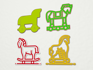 Wall Mural - TROJAN HORSE 4 icons set, 3D illustration