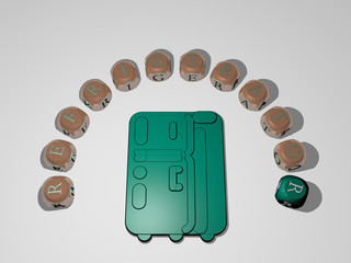 Fototapete - REFRIGERATOR 3D icon surrounded by the text of cubic letters, 3D illustration for background and fridge