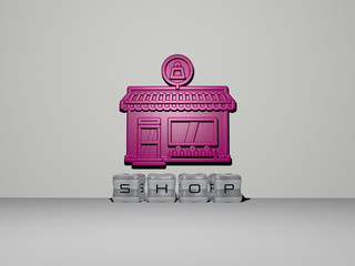 Leinwandbilder - SHOP 3D icon on the wall and cubic letters on the floor, 3D illustration for background and business