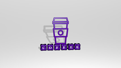 Poster - coffee 3D icon object on text of cubic letters, 3D illustration for background and cup
