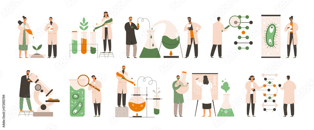 Set of different biochemists working in labs doing chemical analysis, tests and experiments on plants and microorganisms, colored vector illustration - obrazy, fototapety, plakaty 