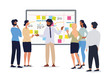 © Rudzhan - Business or team leader holding a meeting with his team discussing a chart with a group of diverse people, colored vector illustration