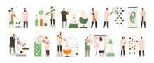Set Of Different Biochemists Working In Labs Doing Chemical Analysis, Tests And Experiments On Plants And Microorganisms, Colored Vector Illustration