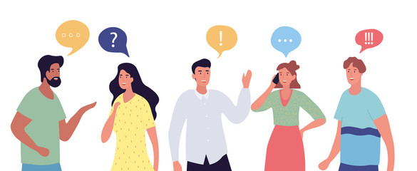 Group of diverse people chatting with speech bubbles containing chat icons, exclamation and question marks, colored vector illustration