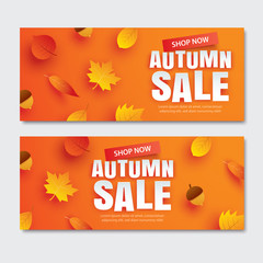 Wall Mural - autumn sale with leaves in paper art style on orange background. use for voucher, banner, coupon.