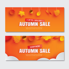 Wall Mural - autumn sale with leaves in paper art style on orange background. use for voucher, banner, coupon.