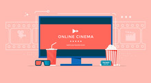 Online Cinema Banner Concept With TV, Popcorn And 3d Glasses. Movie Streaming Illustration For Landing Page, Web, Homepage, Poster.