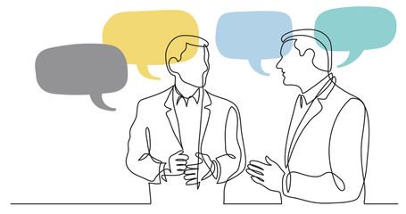Poster - two standing businessmen talking discussing work problems with speech bubbles