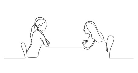 Poster - two young women sitting behind table talking